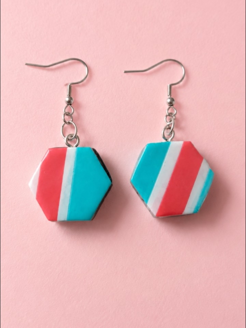 Bold Hexagon Stripe Drop Earrings in Turquoise, Coral & White